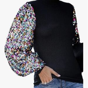 NWT Anna-Kaci Black Top with Rainbow Confetti Sequin Poof Sleeves Size Small